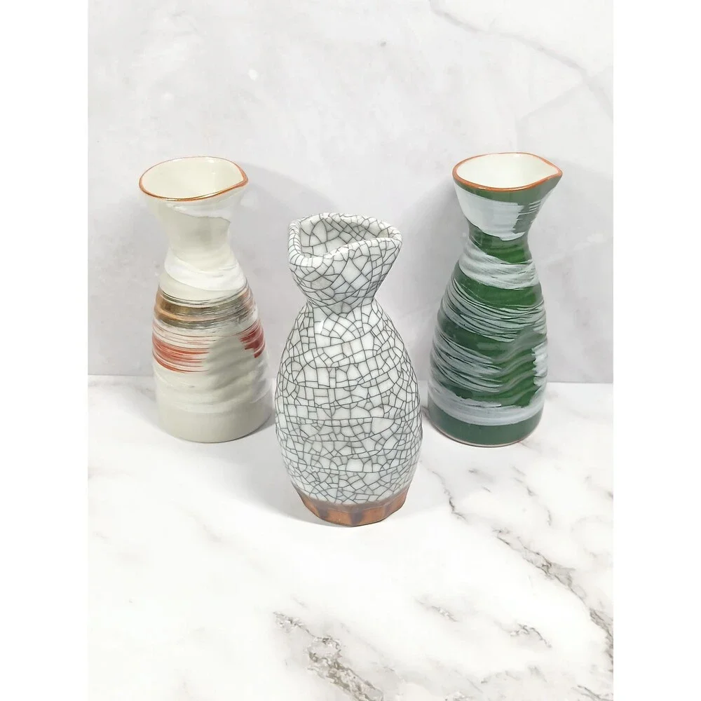 Vintage Japanese Porcelain Sake Bottle Set – Hand-Glazed Crackle & Brush Finish